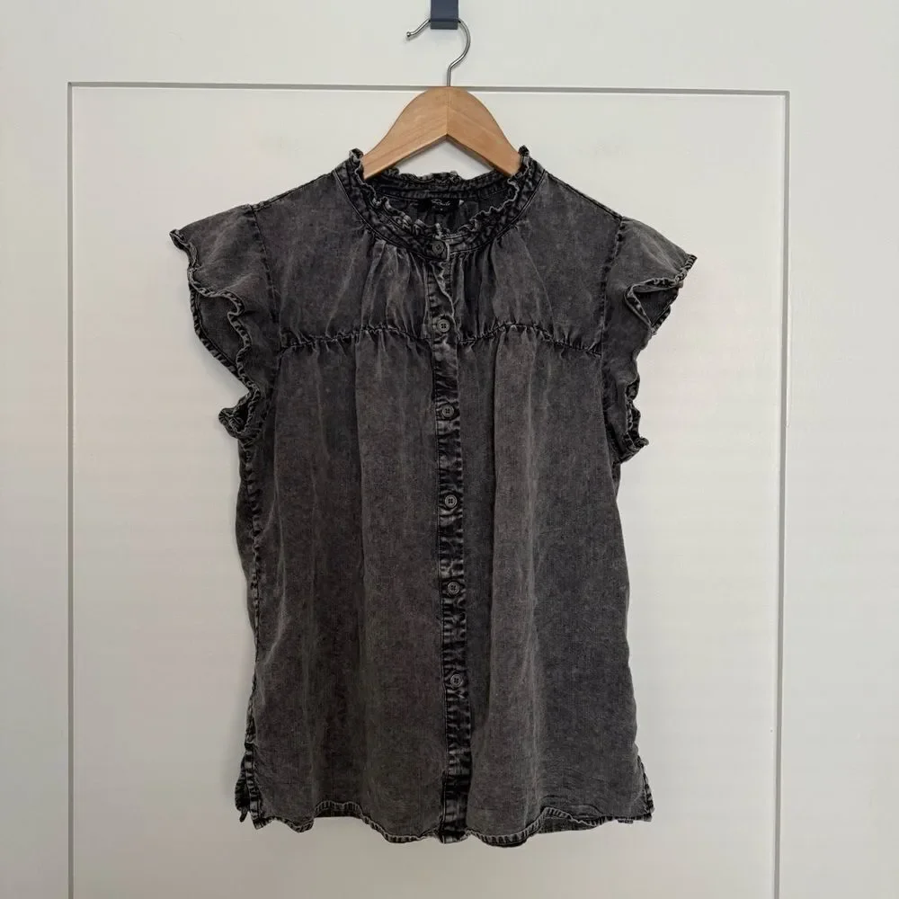 Rails Ruthie Black Acid Wash Top S Flutter Sleeve Button Up Linen Lyocell Ruffle